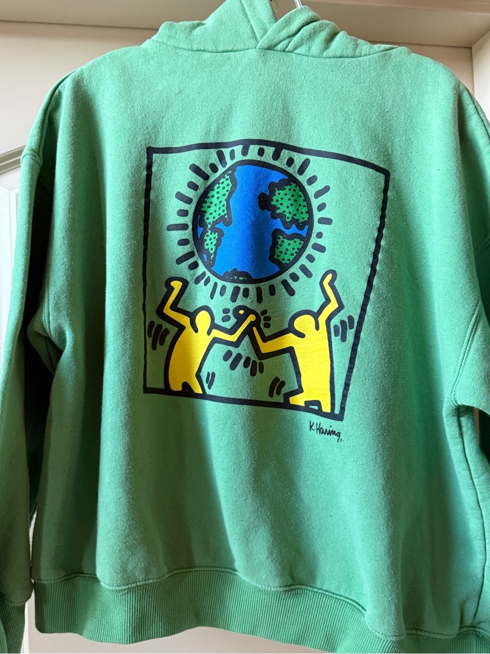Keith Haring Cotton On Green Hoodie,Yellow Graphic Earth Art,Artsy,Granola,Y2K